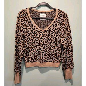 Abercrombie Fitch Tan Black Leopard Print V Neck Crop Sweater Sz XS